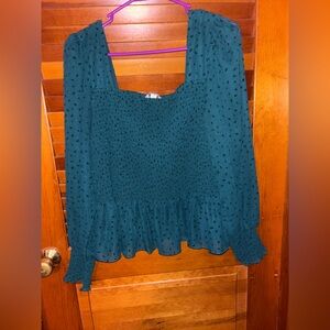 Nine West Dark Green Smocked Ruffled Long Sleeve Blouse